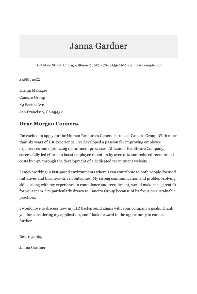 ATS classic HR cover letter - Professional job application letter featuring clean serif typography and standard business format for HR roles.